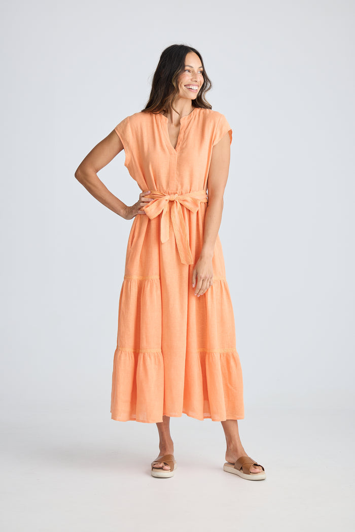 Holiday Avery Dress | Coral Tiered Full-Length Maxi Dress with Relaxed Fit | Gretel Lane