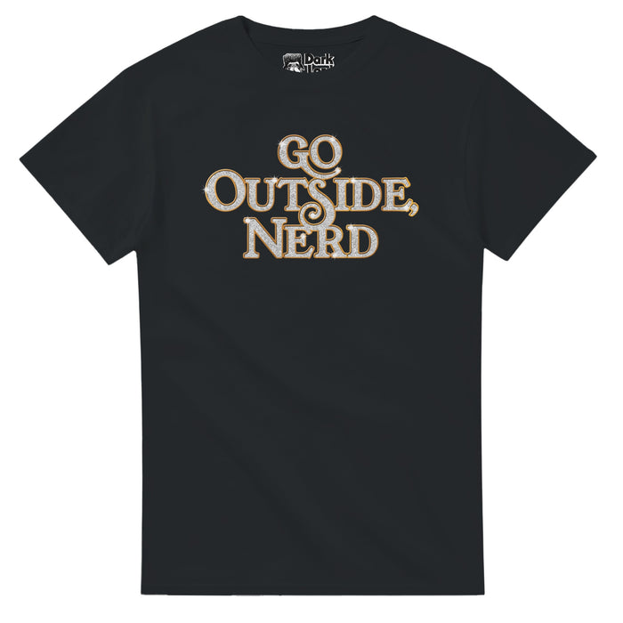 A vintage, short sleeved souvenir t-shirt that says "Go Outside, Nerd" in sparkly white letters outlined in orange. References the iconic quote by character Baby Billy played by Walton Goggins from the hilarious sitcom TV series The Righteous Gemstones, starring Danny McBride, Edi Patterson, Adam DeVine, John Goodman, and Cassidy Freeman.