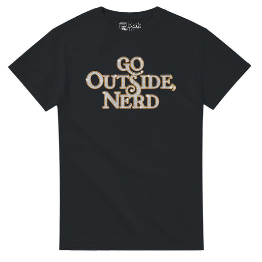 A vintage, short sleeved souvenir t-shirt that says "Go Outside, Nerd" in sparkly white letters outlined in orange. References the iconic quote by character Baby Billy played by Walton Goggins from the hilarious sitcom TV series The Righteous Gemstones, starring Danny McBride, Edi Patterson, Adam DeVine, John Goodman, and Cassidy Freeman.