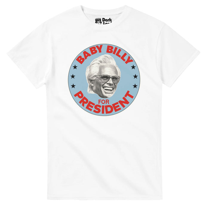 A white souvenir 80s style t-shirt that comedically campaigns for character Baby Billy Freeman from the HBO satirical drama series "The Righteous Gemstones". Says "BABY BILLY FOR PRESIDENT" in bright red text surrounding the face of Uncle Baby Billy with his bright white hair, endearing smile, and sunglasses, as well as a multiple navy blue patriotic stars.