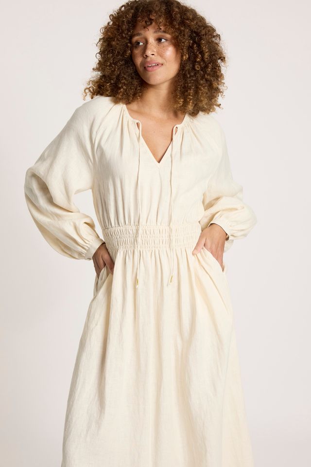 Eb & Ive Beige Linen Bajau Maxi Dress with Long Sleeve | Gretel Lane