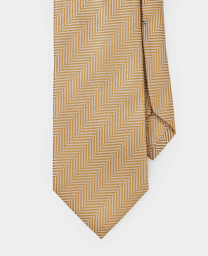 Men's Beige Herringbone Seven Fold Silk Tie
