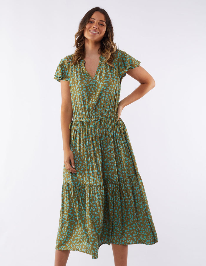 printed midi dress in moss green with blue floral pattern