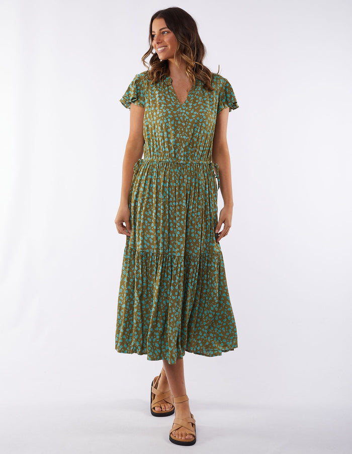 moss green printed midi dress | Foxwood