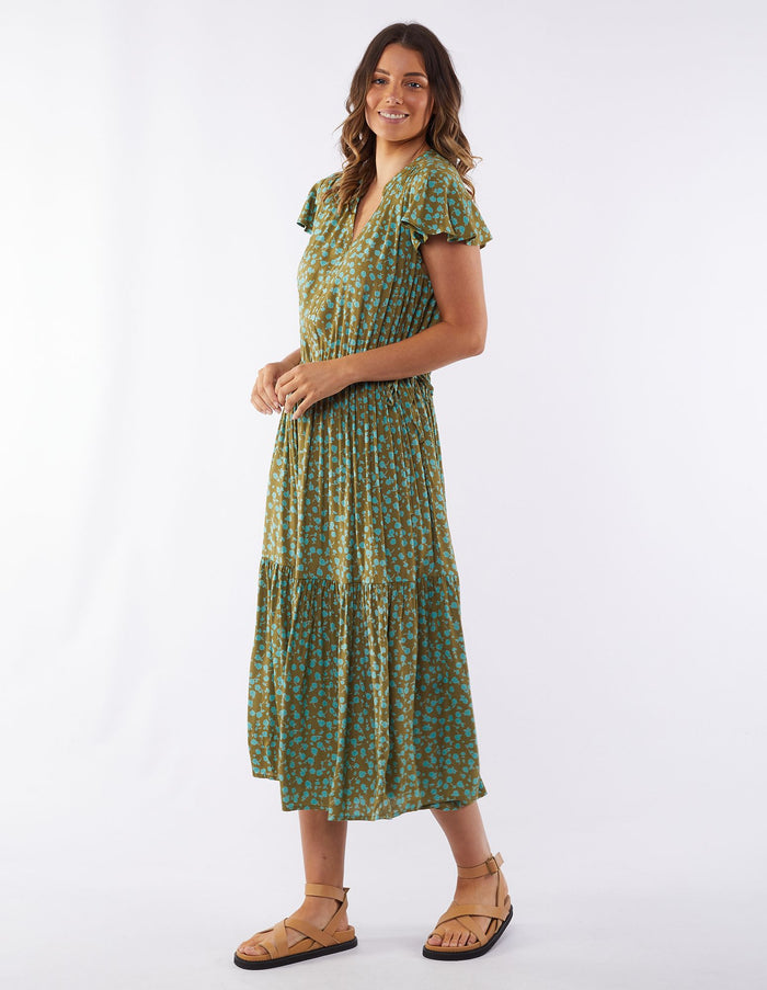 printed women’s day dress in moss green