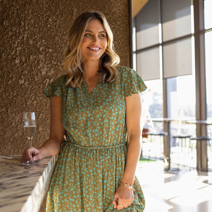 Foxwood moss green printed midi dress