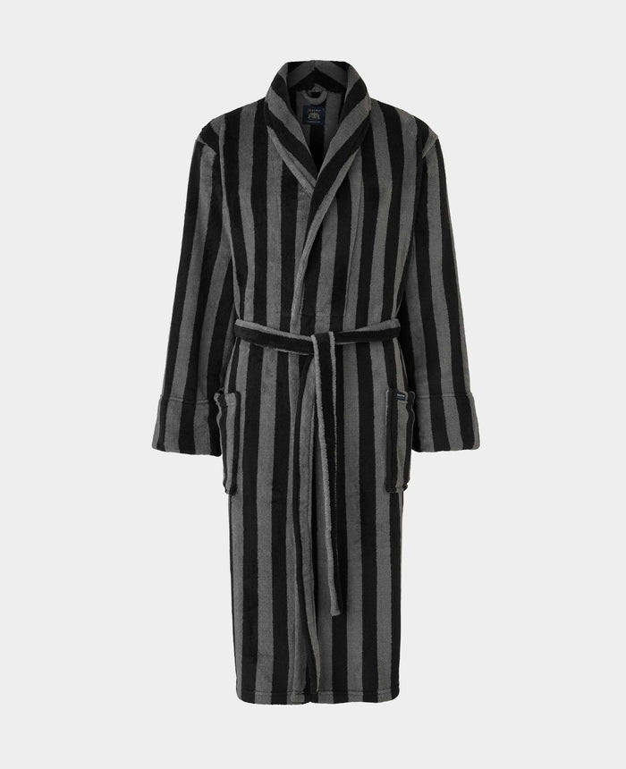 Men's Black Charcoal Blue Bold Stripe Snuggle Fleece Dressing Gown mannequin shot