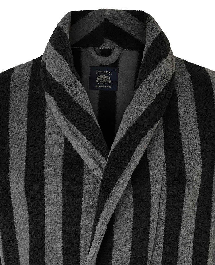 Men's Black Charcoal Blue Bold Stripe Snuggle Fleece Dressing Gown collar detail