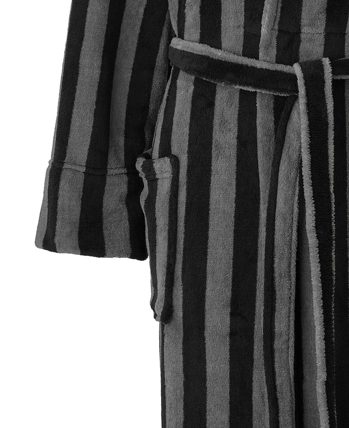 Men's Black Charcoal Blue Bold Stripe Snuggle Fleece Dressing Gown pocket detail