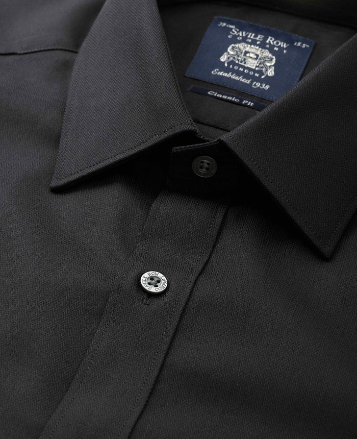 Men's Black Cotton Herringbone Slim Fit Formal Shirt With Double Cuffs collar detail
