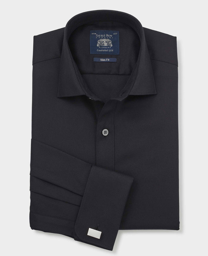 Men's Black Cotton Herringbone Slim Fit Formal Shirt With Double Cuffs folded shot