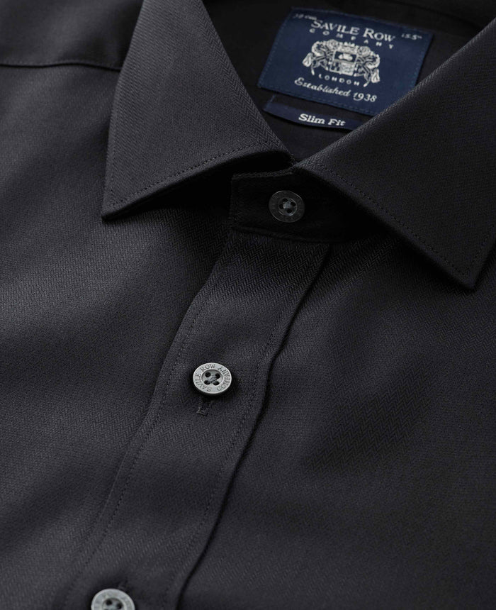 Men's Black Cotton Herringbone Slim Fit Formal Shirt With Double Cuffs collar detail