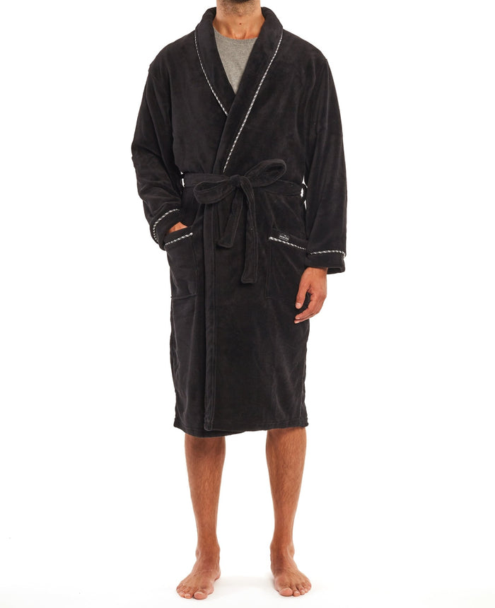 Men's Black Fleece Rope Edge Dressing Gown model image