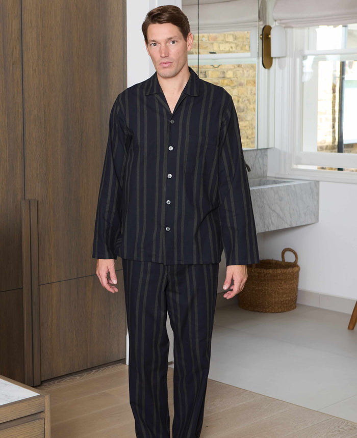 Men's Black Grey Brushed Cotton Twill Striped Pyjamas  model shot