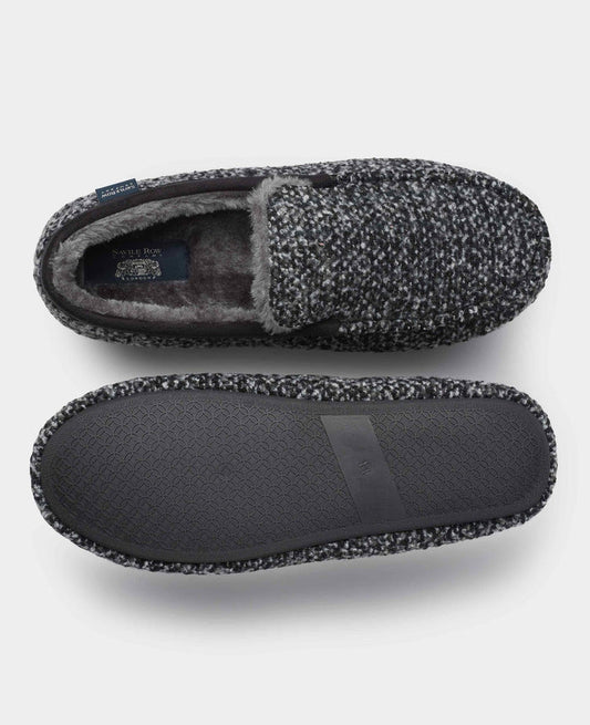 Men's Black Grey Textured Moccasin Slippers overhead shot