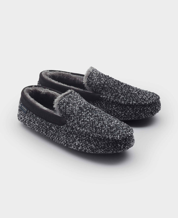 Men's Black Grey Textured Moccasin Slippers pair view