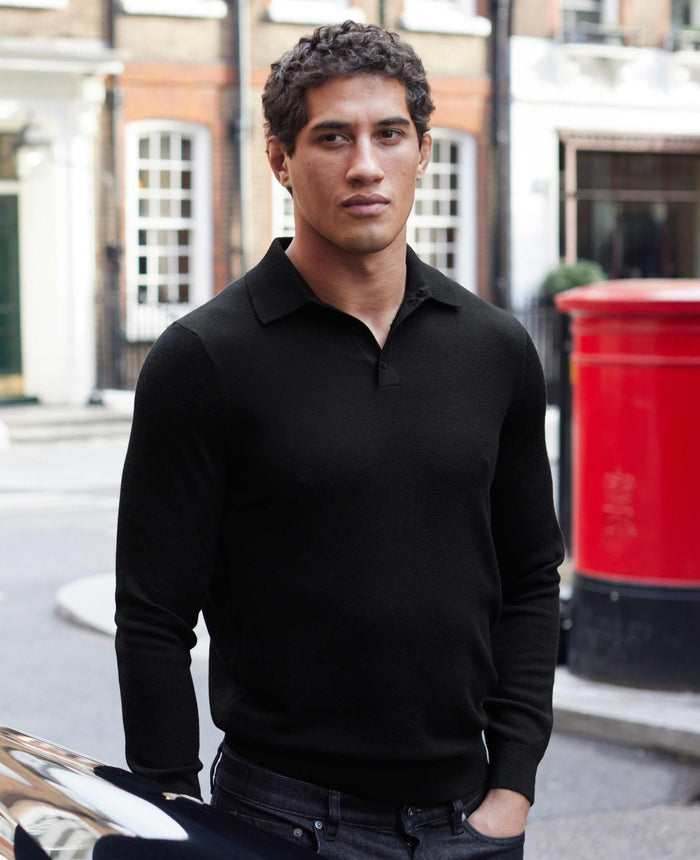 Men's Black Merino Wool Knitted Polo Shirt model shot
