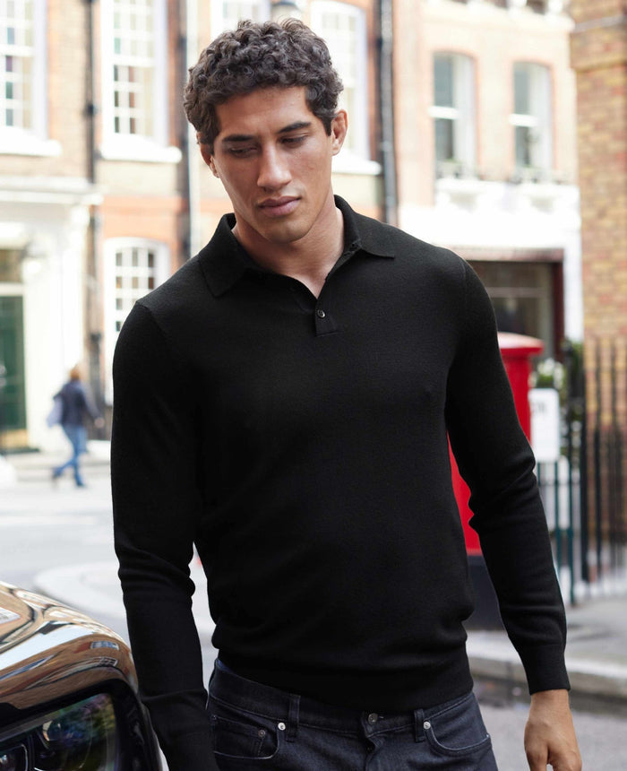 Men's Black Merino Wool Knitted Polo Shirt model shot