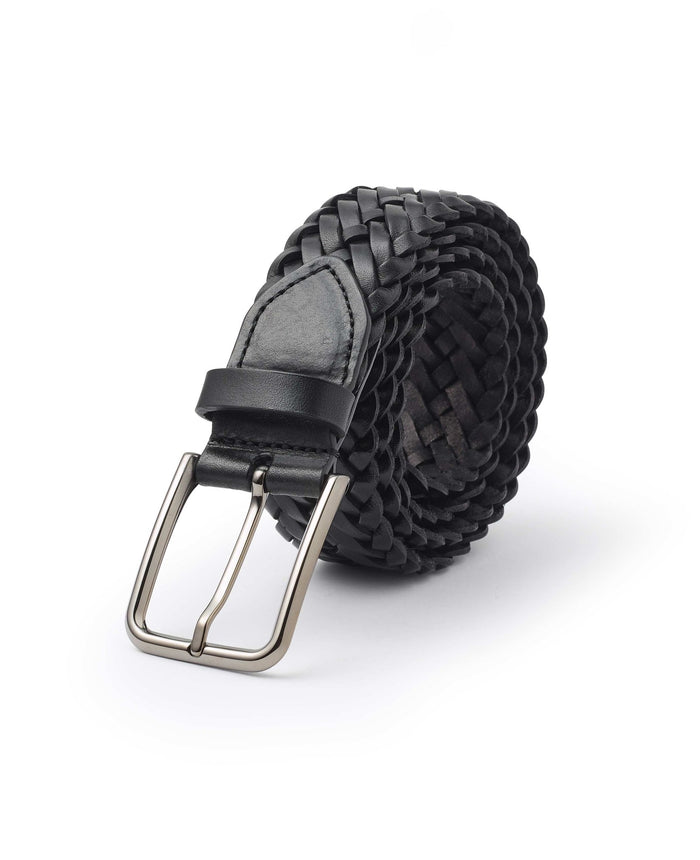 Men's Plaited Leather Belt In Black rolled