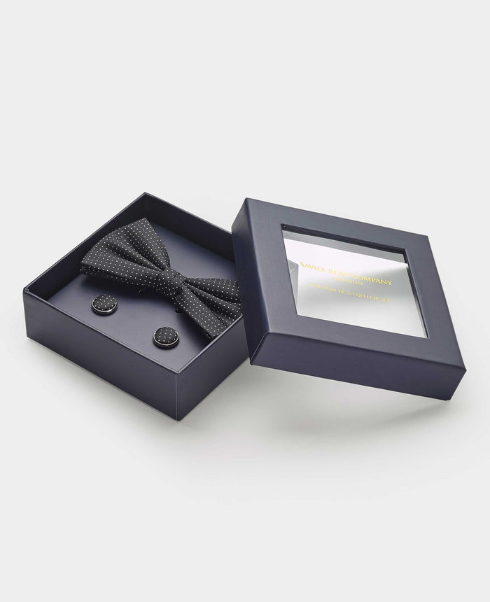 Men's Black Silk Pinspot Self Bow Tie & Cufflink Set