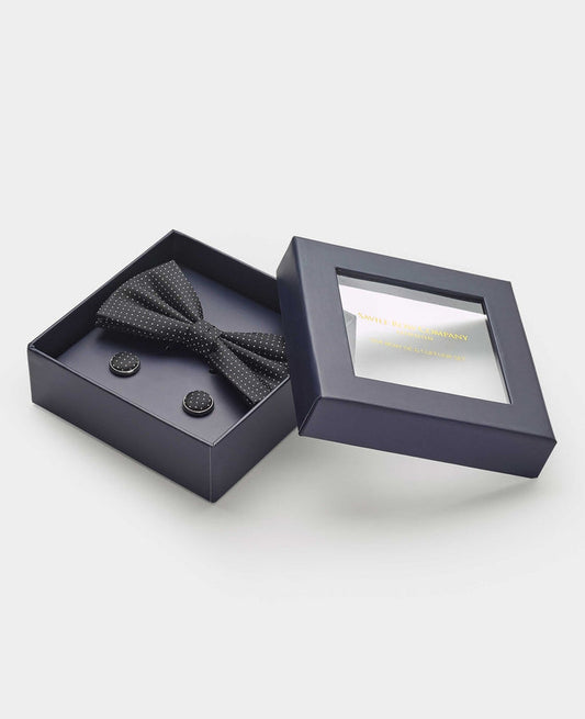 Men's Black Silk Pinspot Self Bow Tie & Cufflink Set