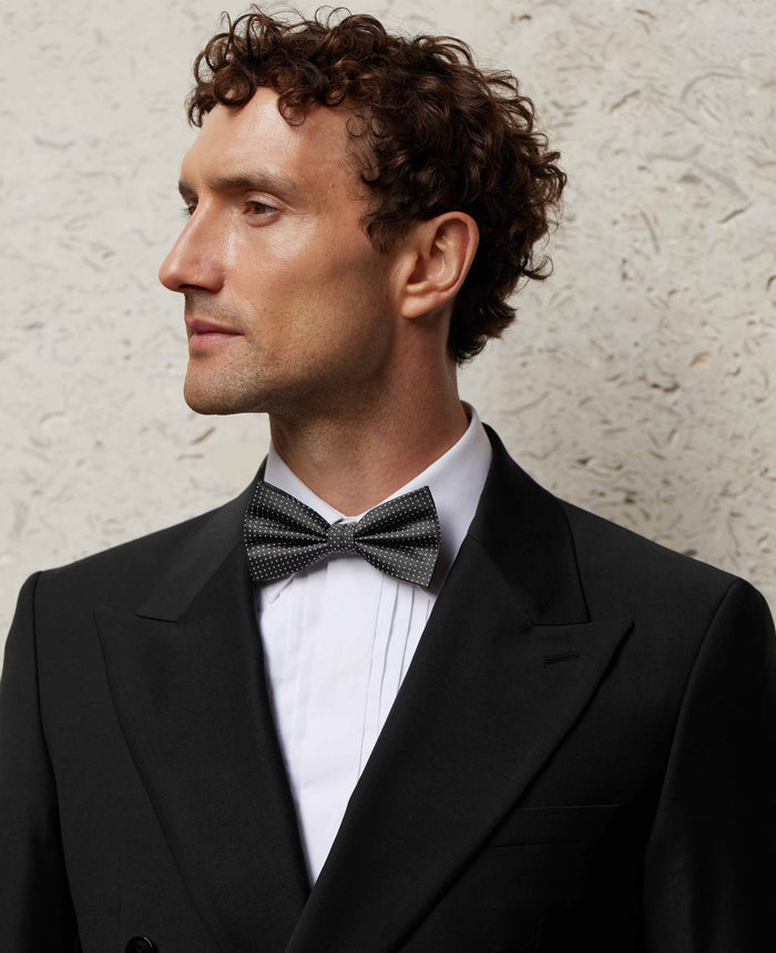 Men's Black Silk Pinspot Ready Bow Tie & Cufflink Set model shot