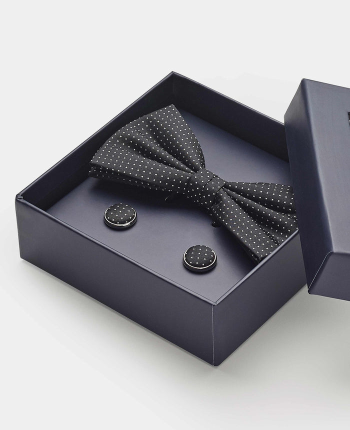 Men's Black Silk Pinspot Self Bow Tie & Cufflink Set