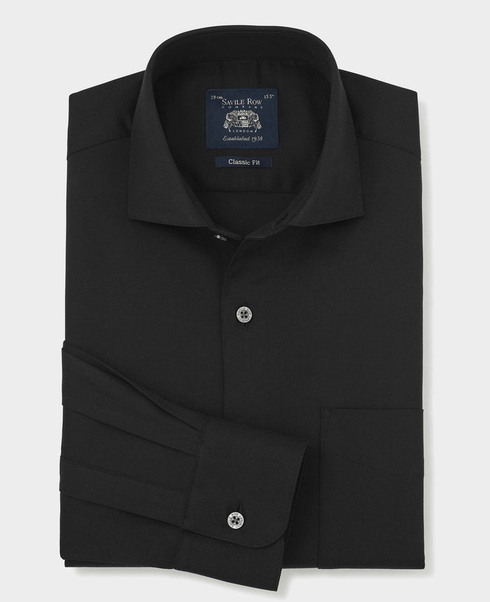 Men's Black Stretch Cotton Herringbone Classic Fit Formal Shirt With Single Cuffs folded shot