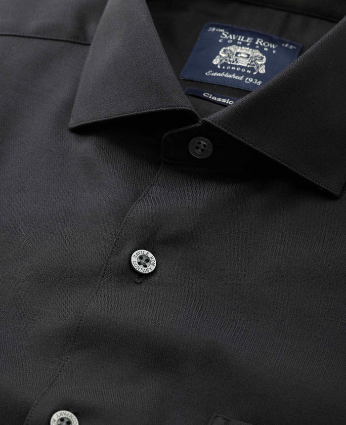 Men's Black Stretch Cotton Herringbone Classic Fit Formal Shirt With Single Cuffs collar detail