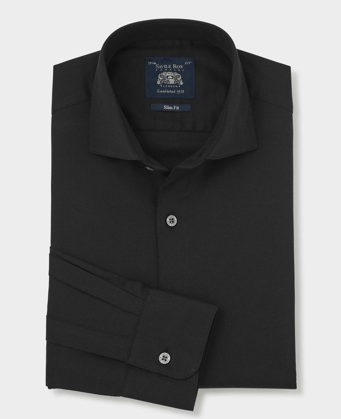 Men's Black Stretch Cotton Herringbone Slim Fit Formal Shirt With Single Cuffs folded shot