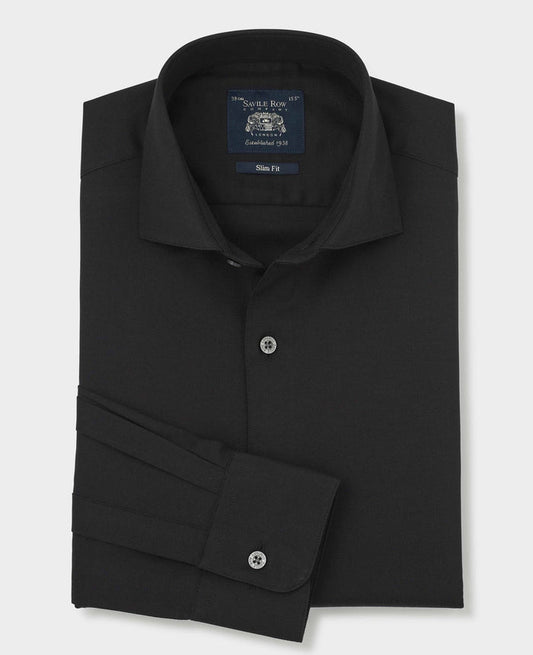Men's Black Stretch Cotton Herringbone Slim Fit Formal Shirt With Single Cuffs folded shot