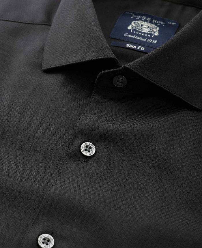 Men's Black Stretch Cotton Herringbone Slim Fit Formal Shirt With Single Cuffs collar detail