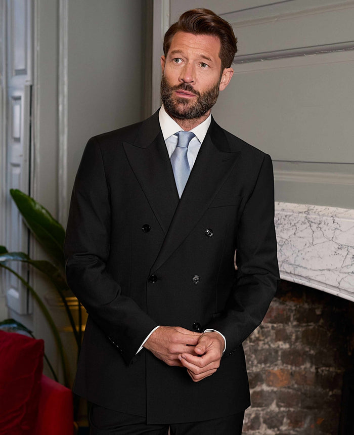 Men's Black Wool Blend Double Breasted Suit Jacket model shot 2