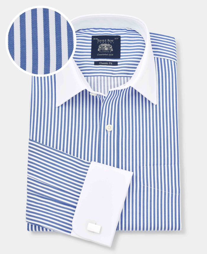 Men's Blue Bengal Stripe Classic Fit Winchester Formal Shirt With Double Cuffs with fabric swatch