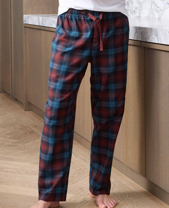 Men's Blue Burgundy Brushed Cotton Twill Window Check Lounge Pants model shot