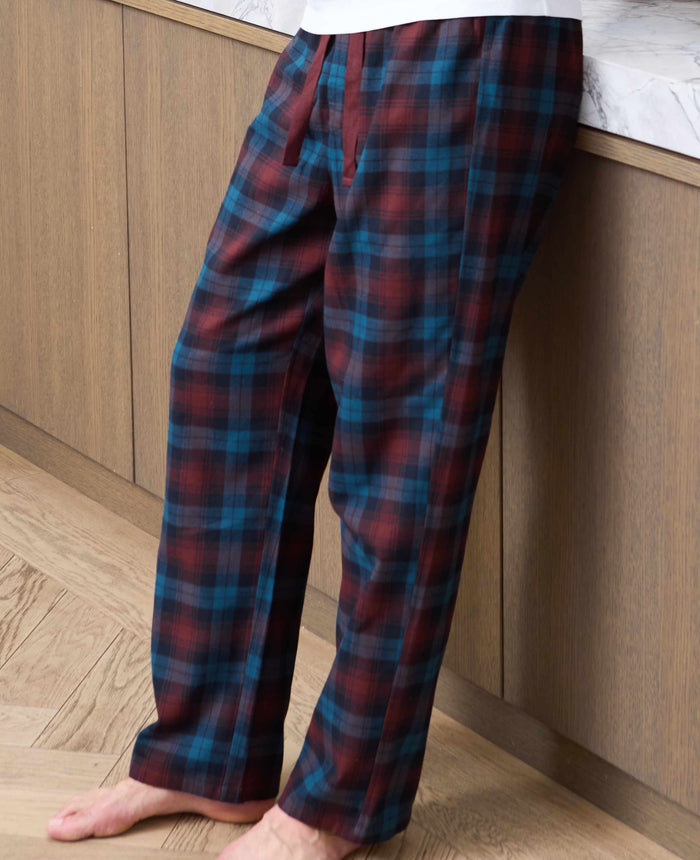 Men's Blue Burgundy Brushed Cotton Twill Window Check Lounge Pants model shot