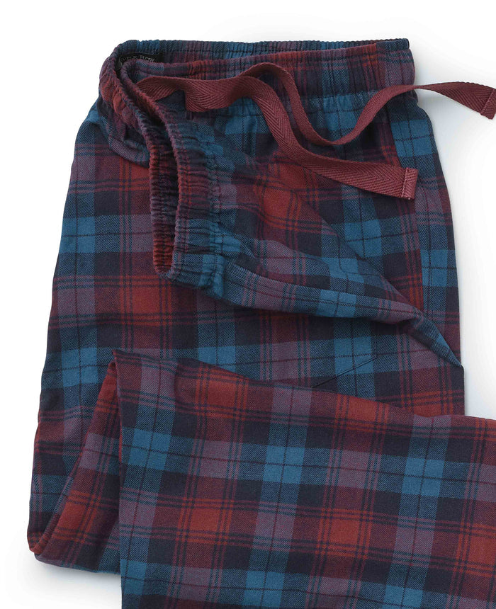 Men's Blue Burgundy Brushed Cotton Twill Window Check Lounge Pants waist detail