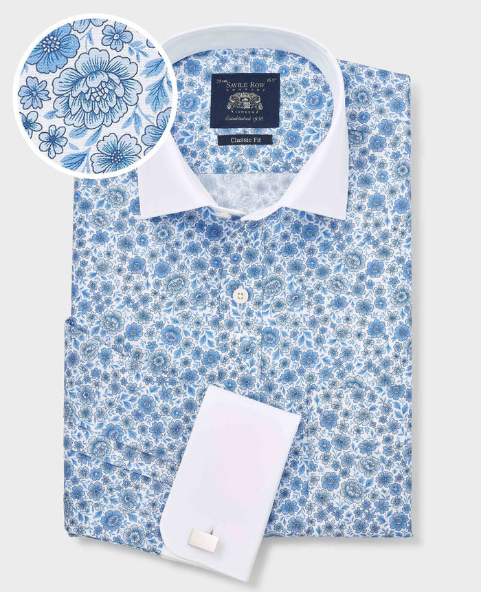 Men's Blue Classic Fit Cotton Poplin Floral Print Winchester Shirt With Double Cuffs folded shot