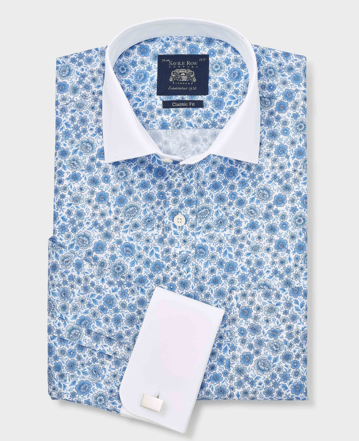 Men's Blue Classic Fit Cotton Poplin Floral Print Winchester Shirt With Double Cuffs folded shot