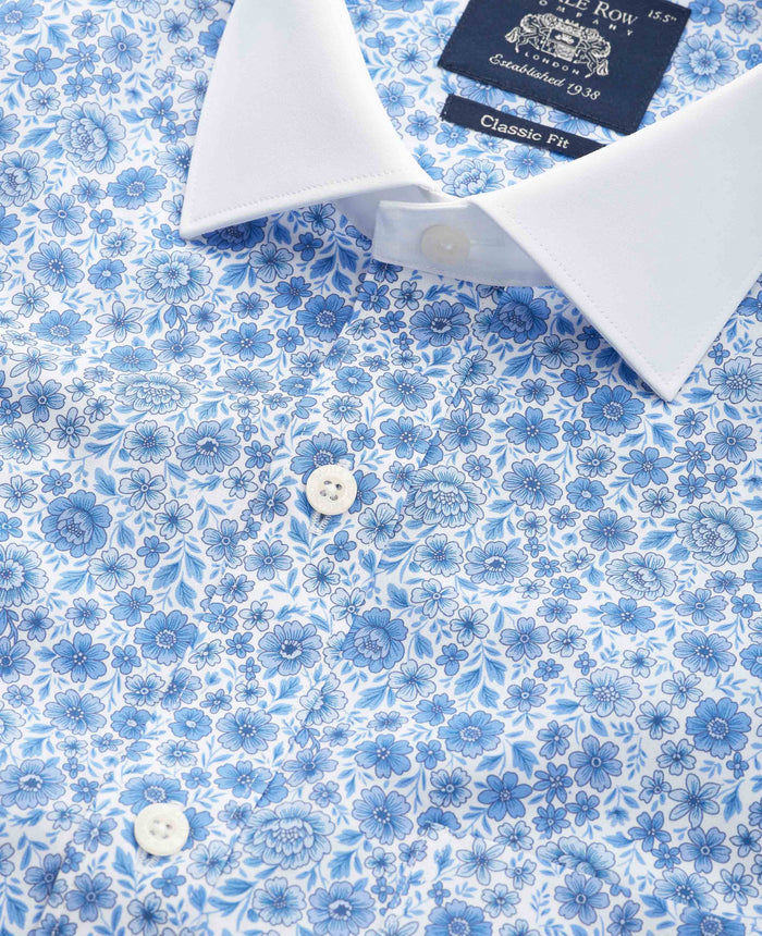 Men's Blue Classic Fit Cotton Poplin Floral Print Winchester Shirt With Double Cuffs collar detail