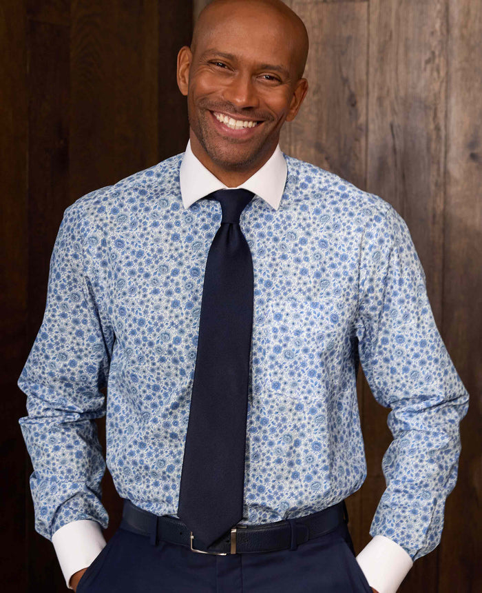 Men's Blue Classic Fit Cotton Poplin Floral Print Winchester Shirt With Double Cuffs model shot