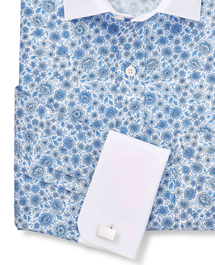 Men's Blue Classic Fit Cotton Poplin Floral Print Winchester Shirt With Double Cuffs sleeve detail