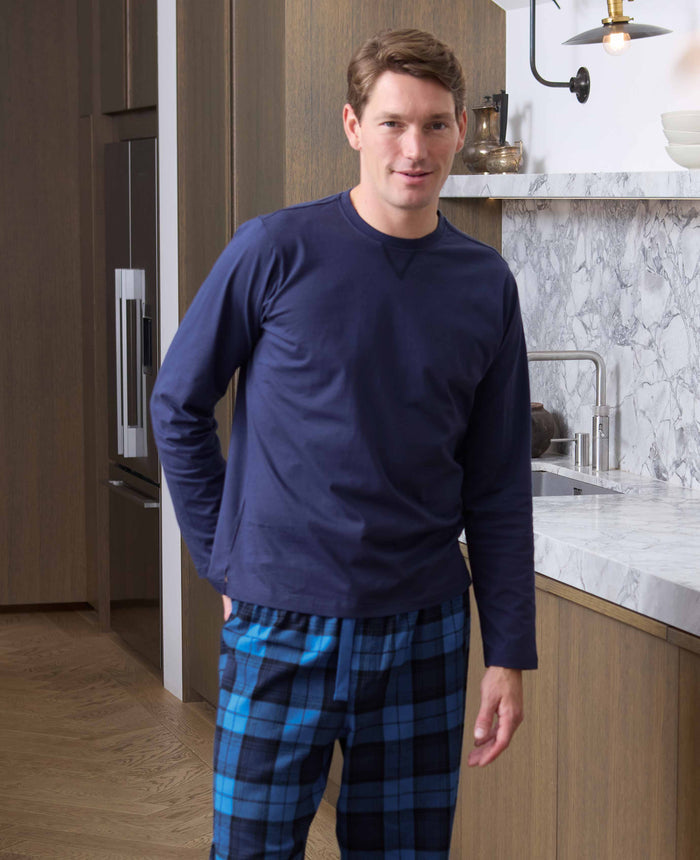 Men's Blue Cotton Checked Lounge Pants & Long Sleeve T-Shirt Pyjama Set model shot