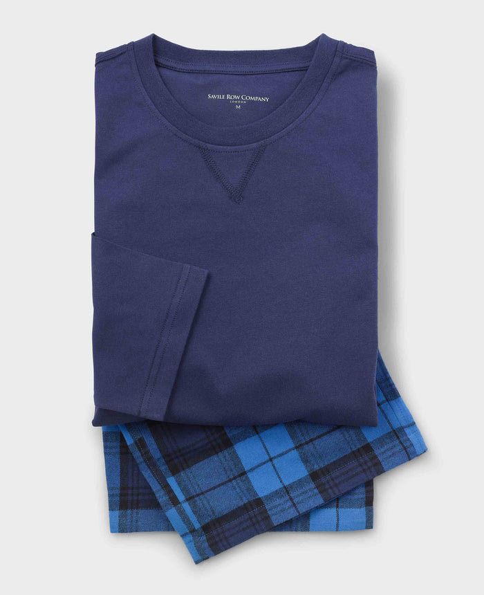 Men's Blue Cotton Checked Lounge Pants & Long Sleeve T-Shirt Pyjama Set mannequin shot