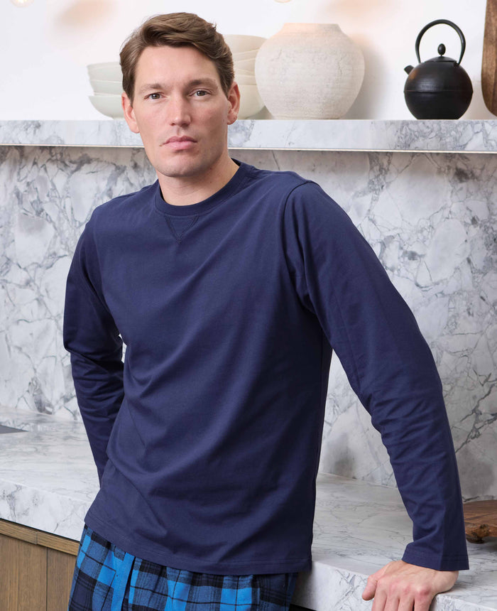 Men's Blue Cotton Checked Lounge Pants & Long Sleeve T-Shirt Pyjama Set model shot
