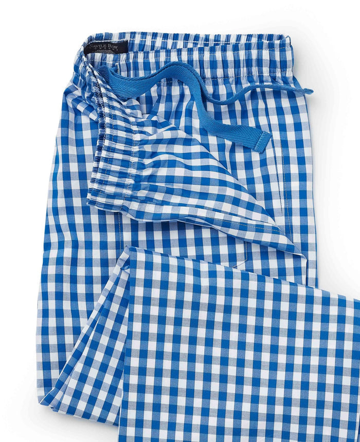 Men's Blue Cotton Gingham Check Lounge Pants waist detail