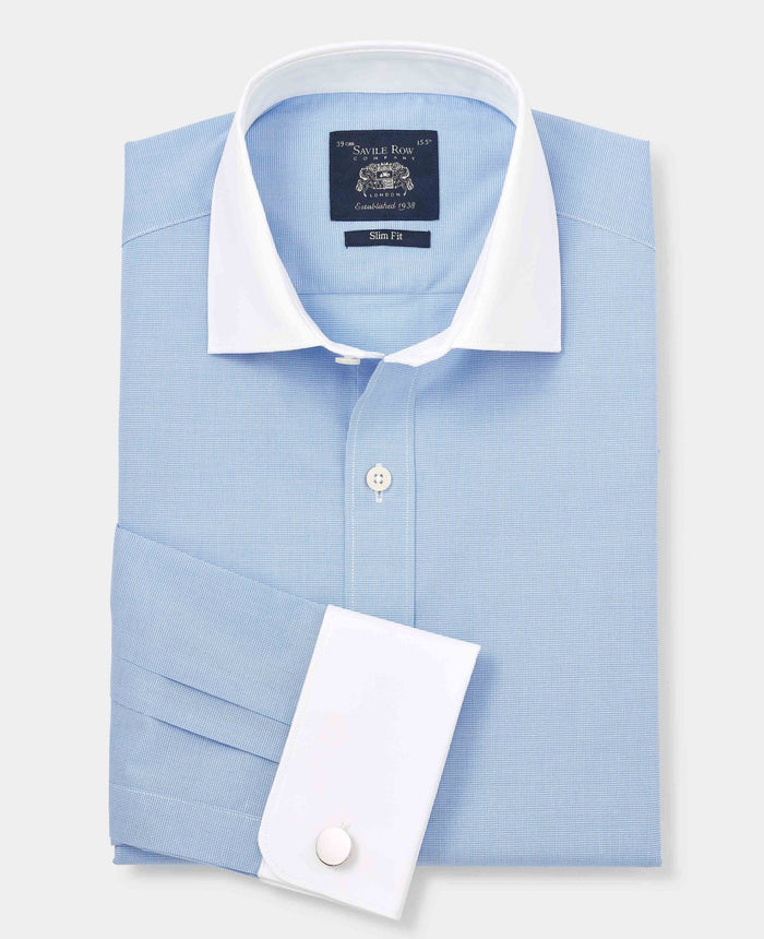 Men's Blue Cotton Check Slim Fit Winchester Formal Shirt With Double Cuff folded