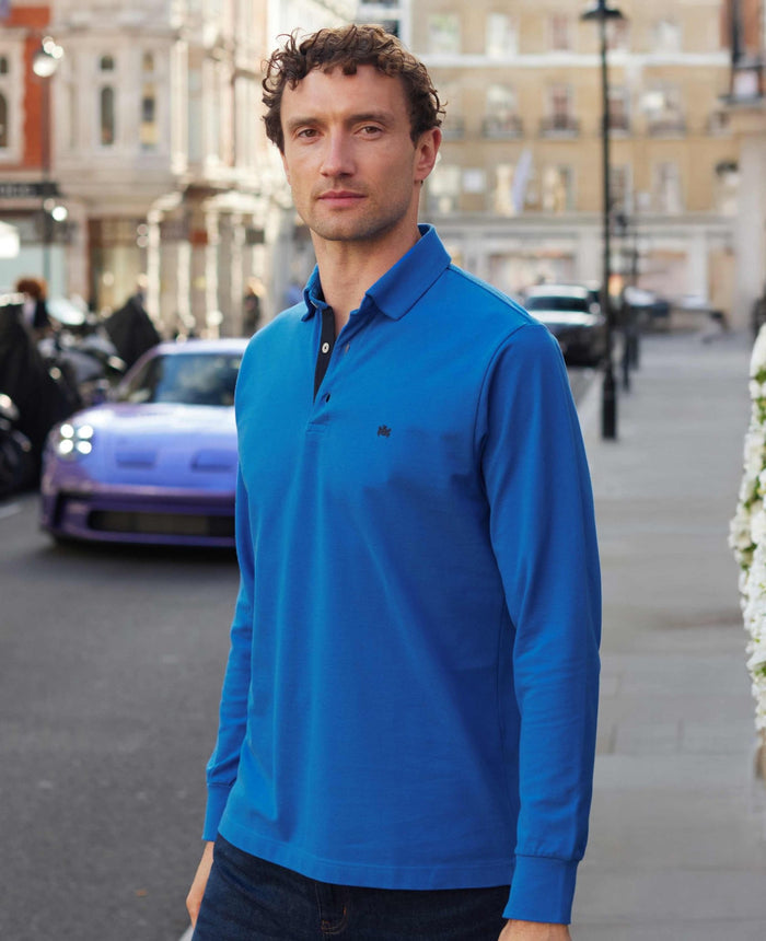 Men's Blue Cotton Pique Long Sleeve Polo Shirt model shot