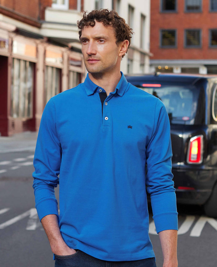 Men's Blue Cotton Pique Long Sleeve Polo Shirt model shot