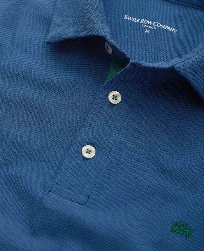 Men's Blue Cotton Piqué Short Sleeve Polo Shirt collar detail